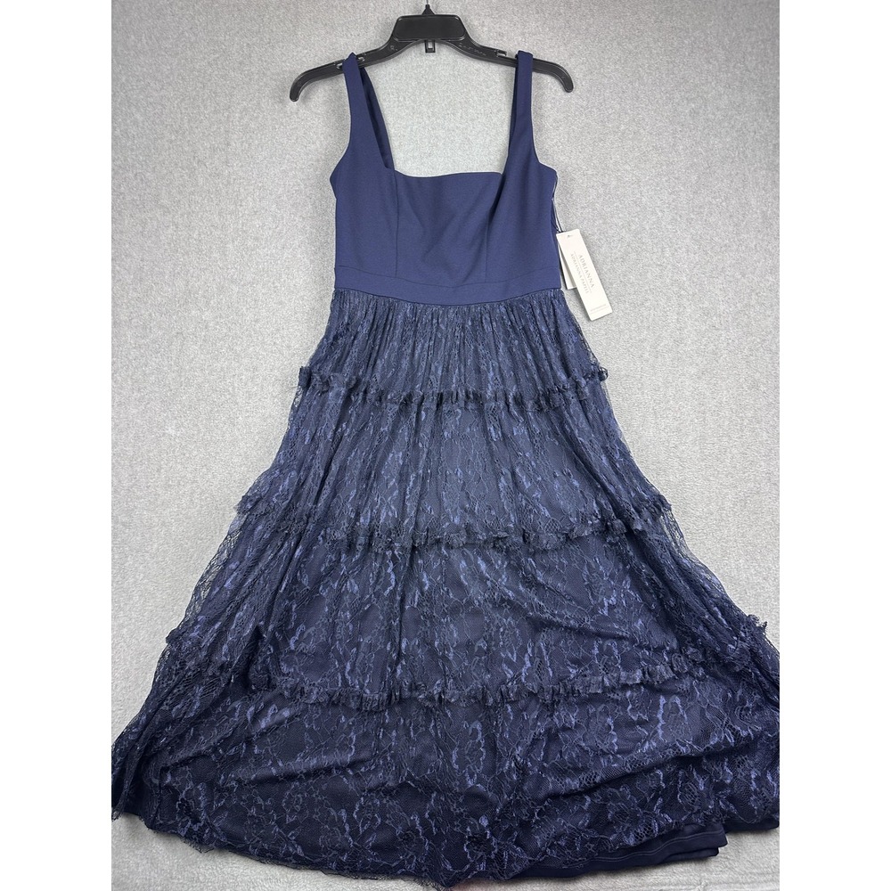 Adrianna Papell Dress Womens 6 Navy Lace Crepe Fit Flare Square Neck Midi NWT